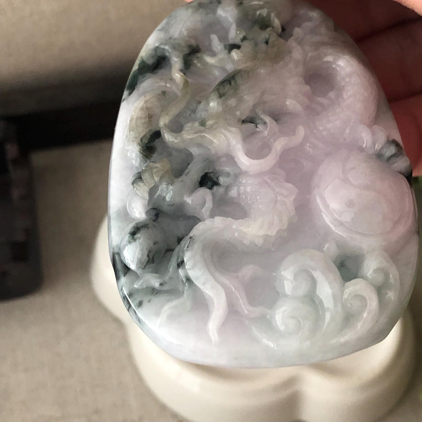 66.8mm Green Float Flowers Jadeite Jade Carved Dragon Pendant