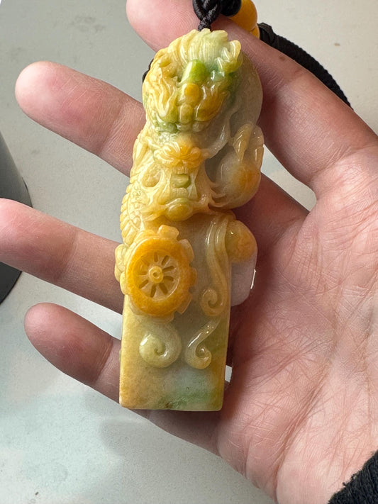 82mm Yellow Green Jadeite Jade Carved Dragon Landscape Statue Display Stamp
