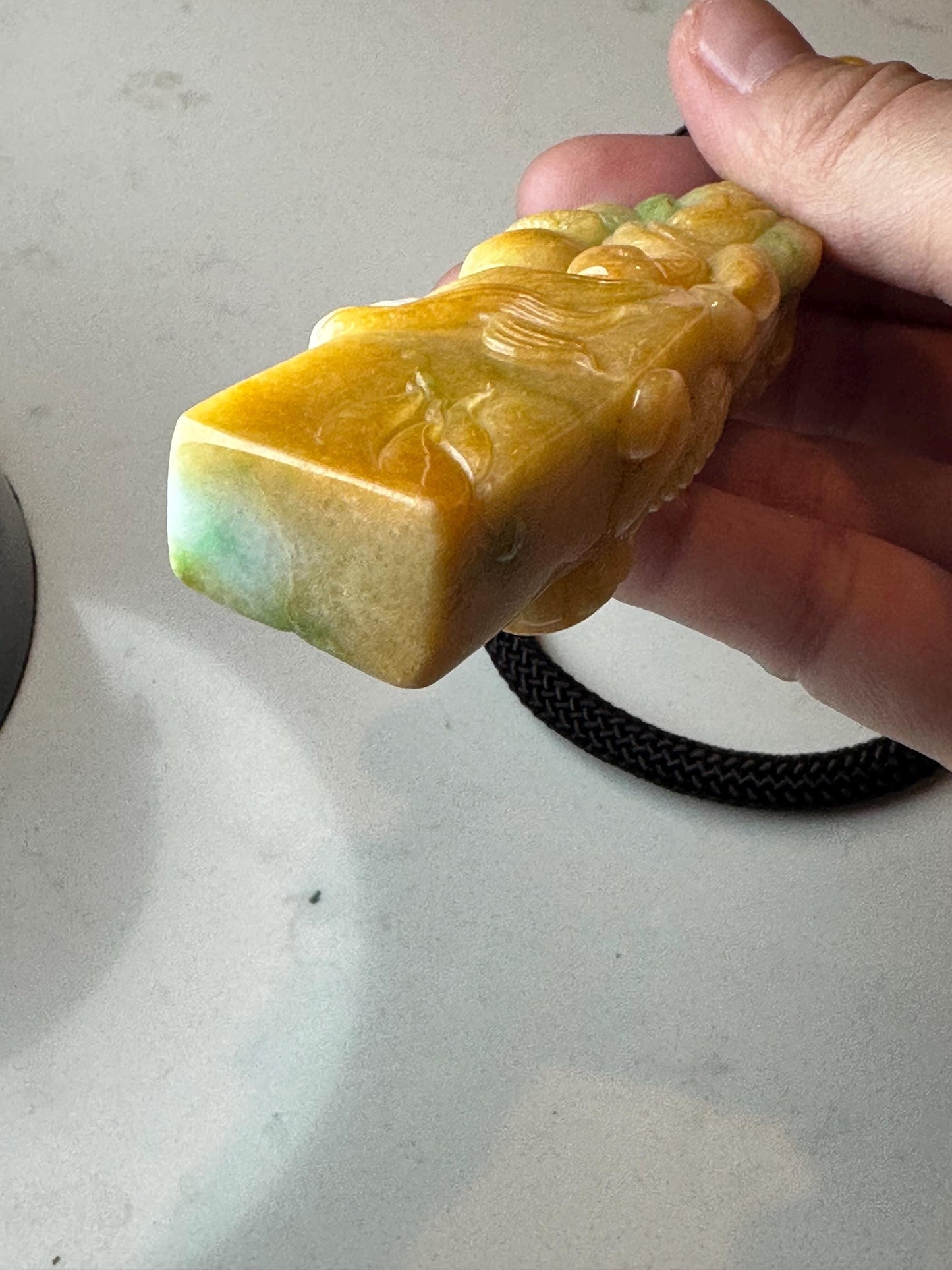 82mm Yellow Green Jadeite Jade Carved Dragon Landscape Statue Display Stamp