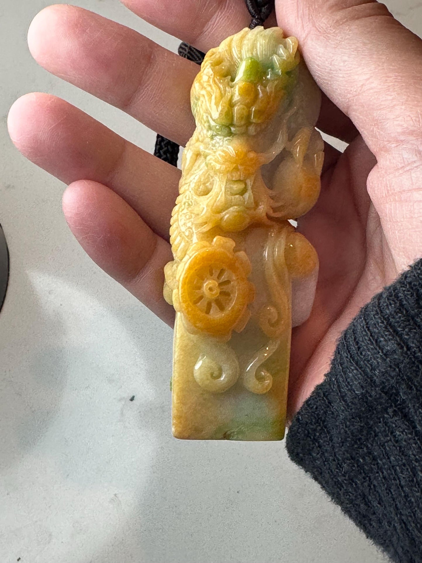 82mm Yellow Green Jadeite Jade Carved Dragon Landscape Statue Display Stamp