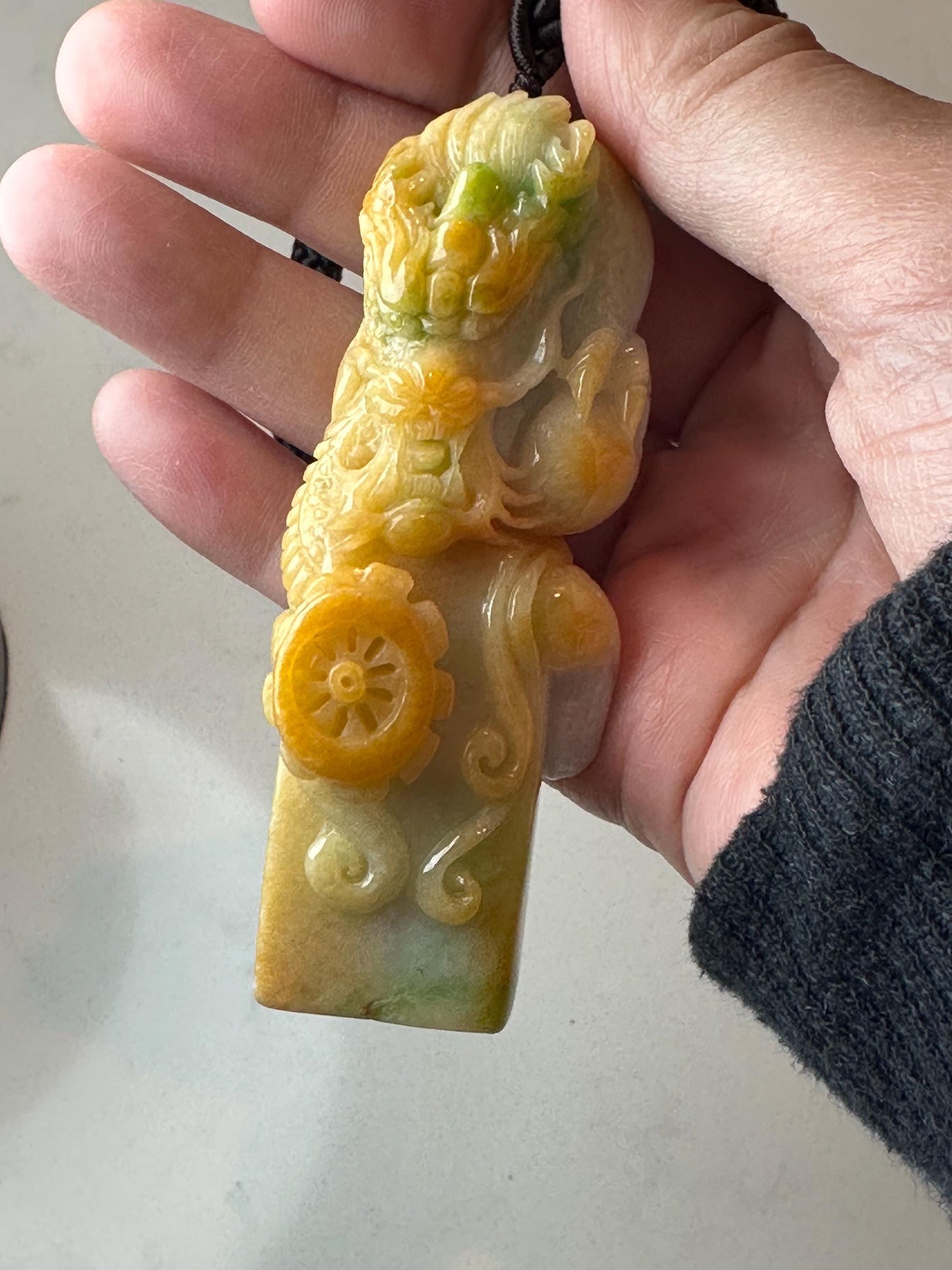 82mm Yellow Green Jadeite Jade Carved Dragon Landscape Statue Display Stamp