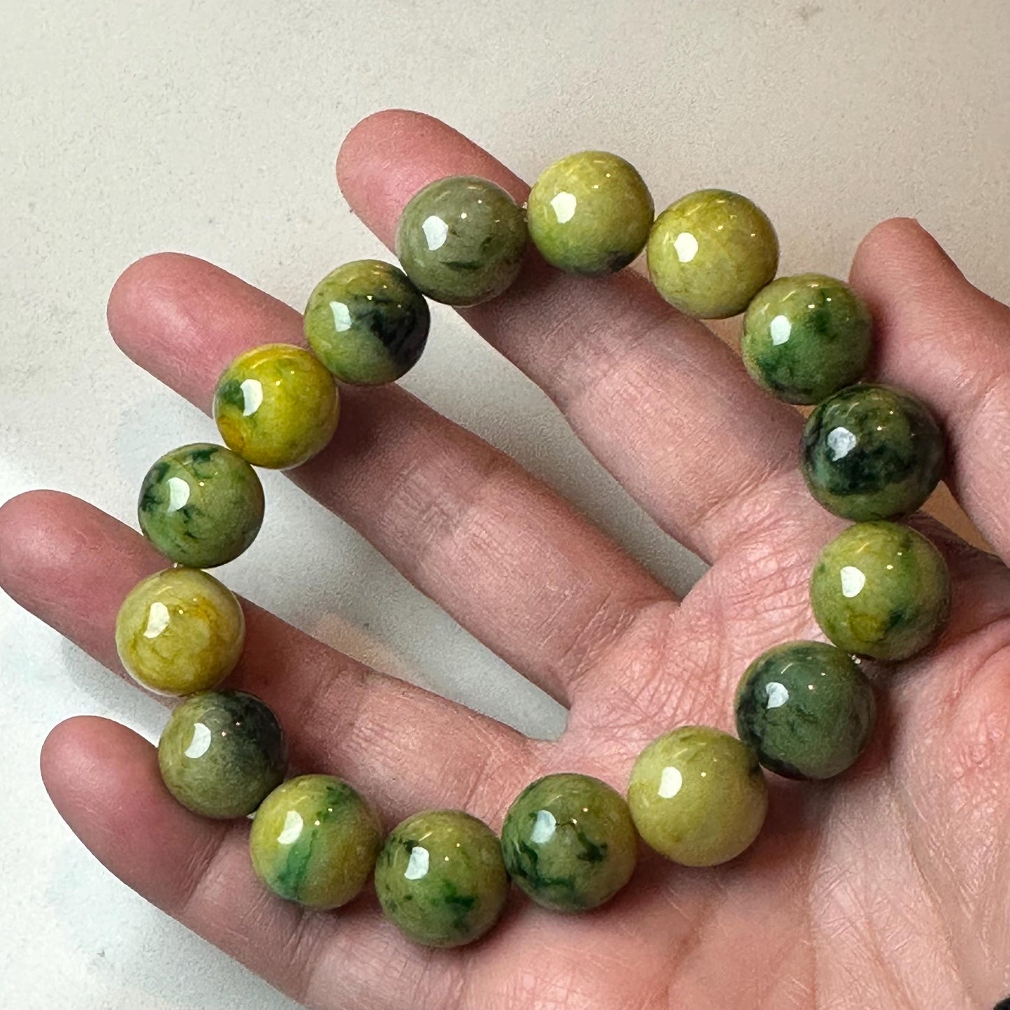 13.6mm Glossy Yellow Green Float Flowers Jadeite Jade Round Bead Bracelet RARE