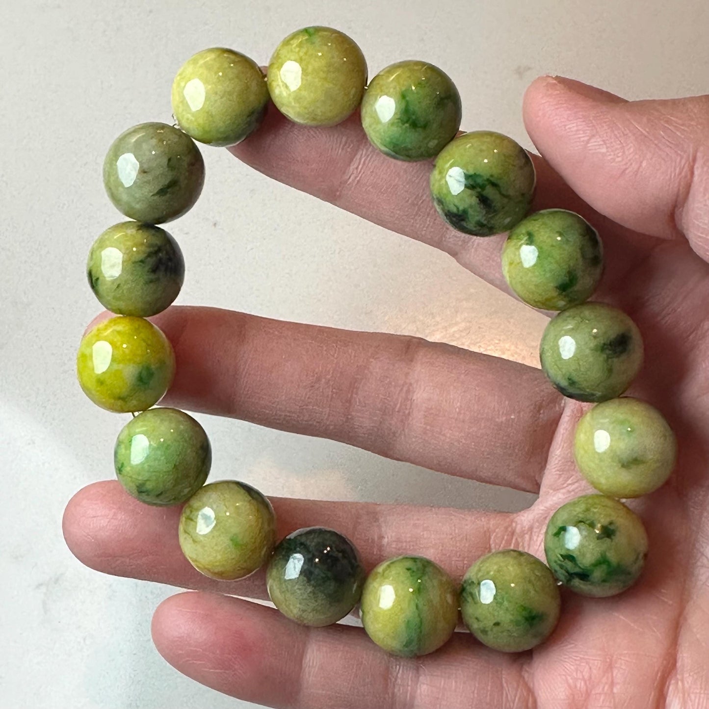 13.6mm Glossy Yellow Green Float Flowers Jadeite Jade Round Bead Bracelet RARE