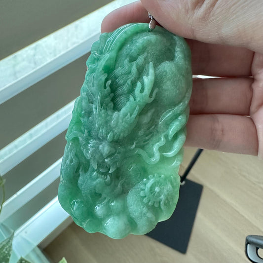 83mm Grade A Jade Jadeite Green carved dragon Pendant