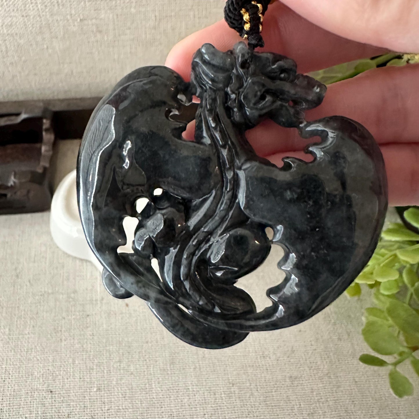 60mm Jadeite Jade Wuji Grey   Carved Dragon with Wings Pendant
