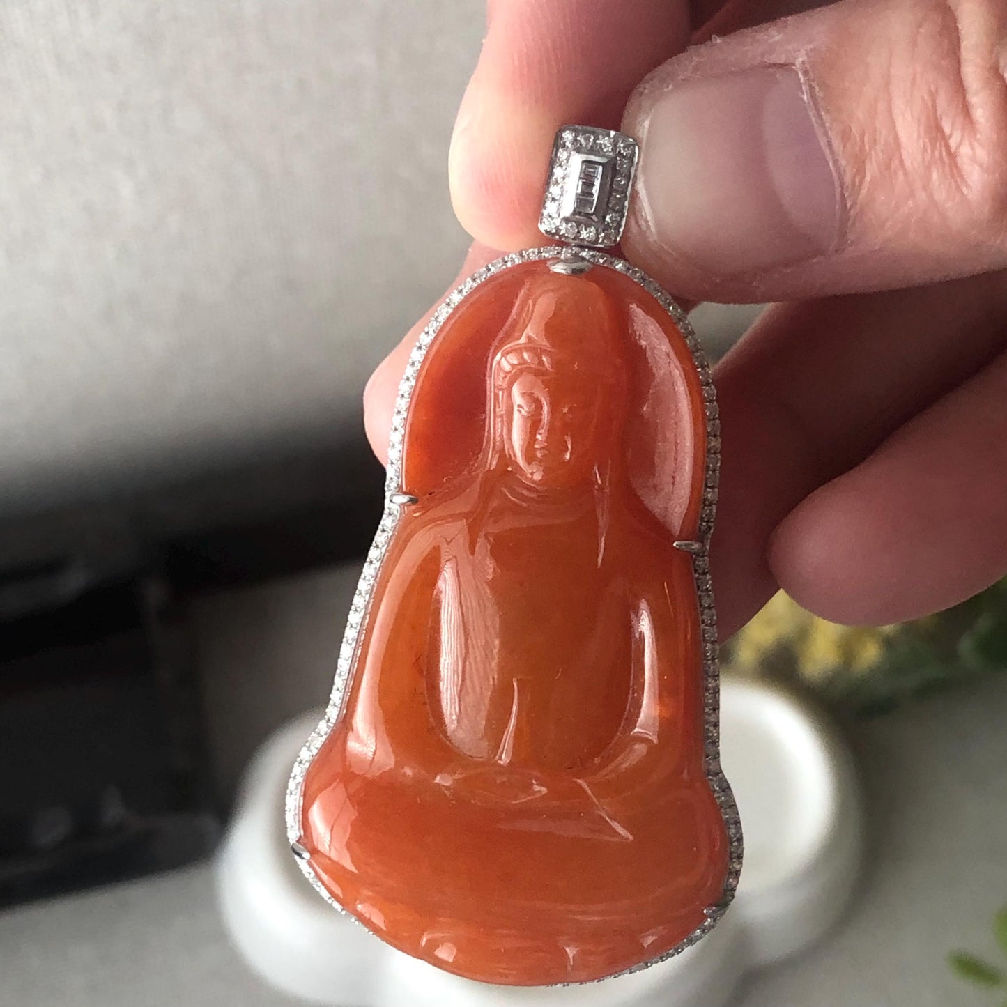 18K White Gold 48mm Glossy Reddish Orange Jadeite Jade Carved Guanyin Pendant with Diamonds