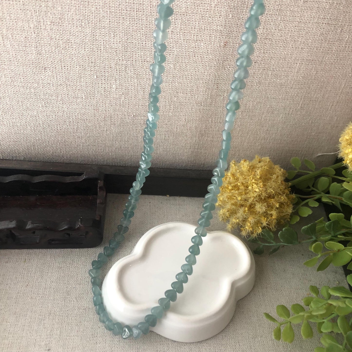 7.1 mm High Icy Blue Glossy Heart Shaped Jade Bead Bracelet Necklace