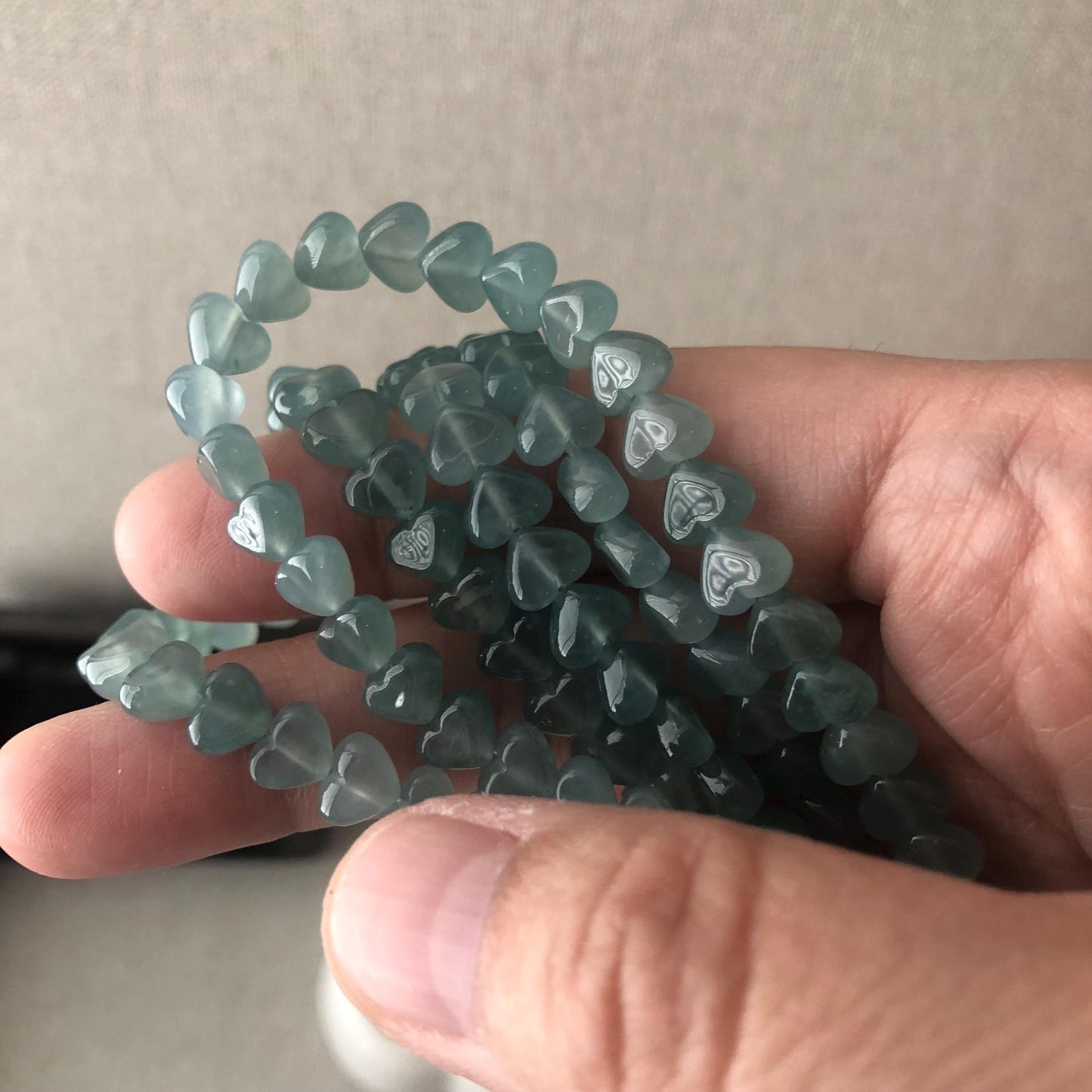 7.1 mm High Icy Blue Glossy Heart Shaped Jade Bead Bracelet Necklace