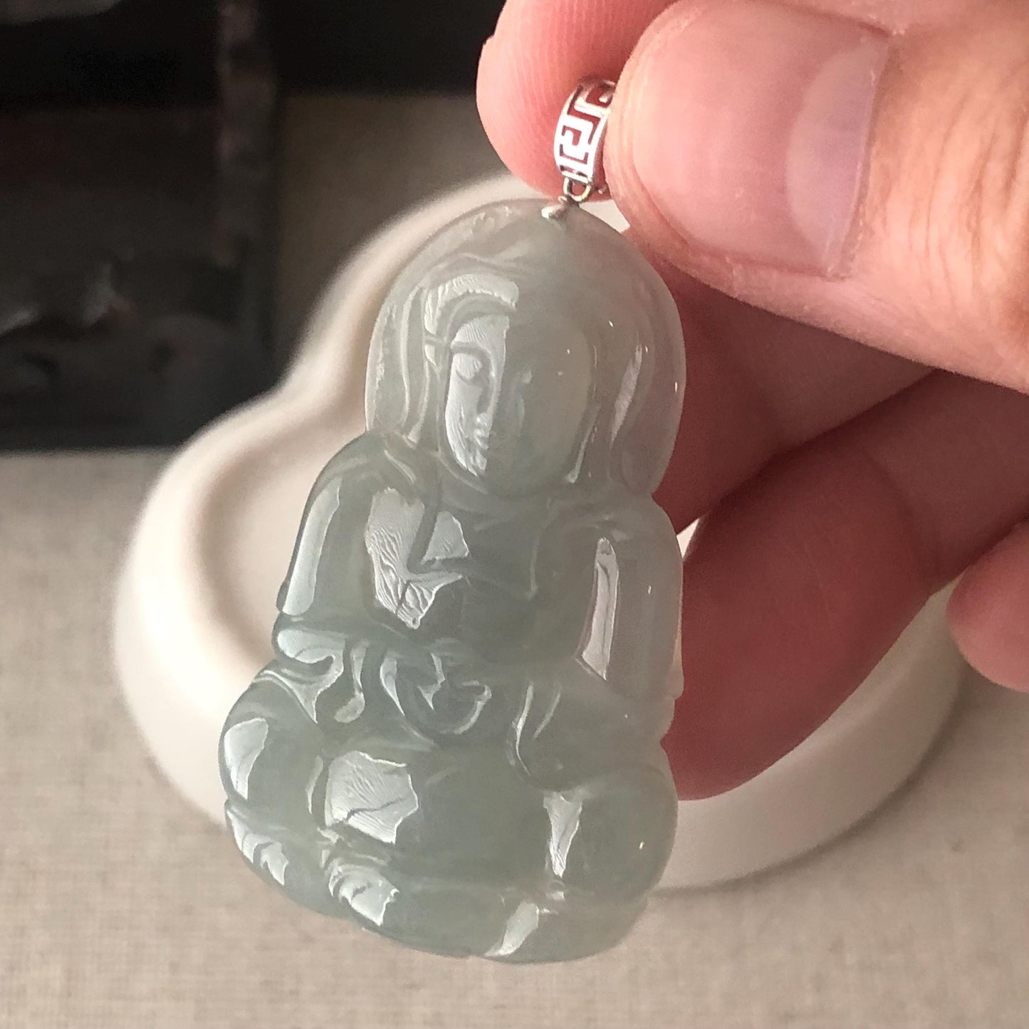 18K White Gold 40mm Glossy Greenish Jadeite Jade Carved Guanyin Pendant