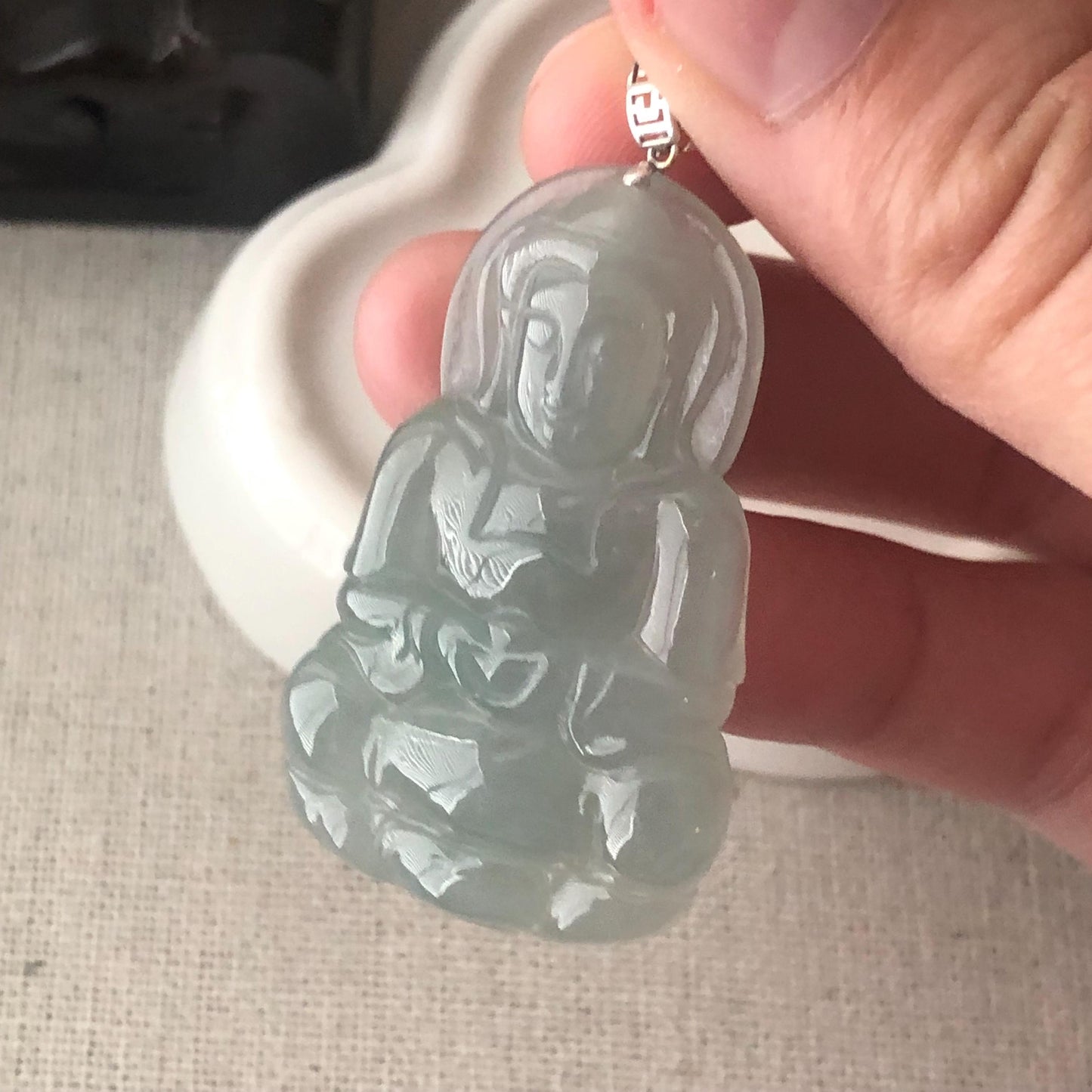 18K White Gold 40mm Glossy Greenish Jadeite Jade Carved Guanyin Pendant