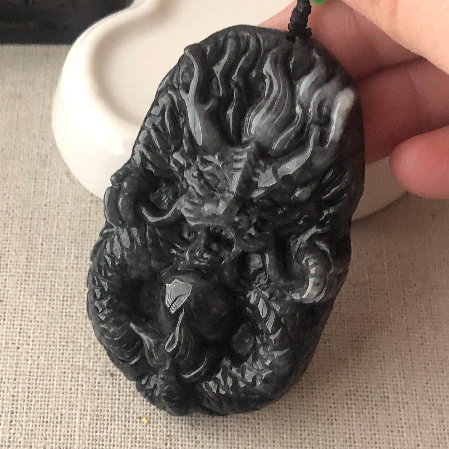 65mm Wuji Grey Jadeite Jade Carved Dragon Pendant
