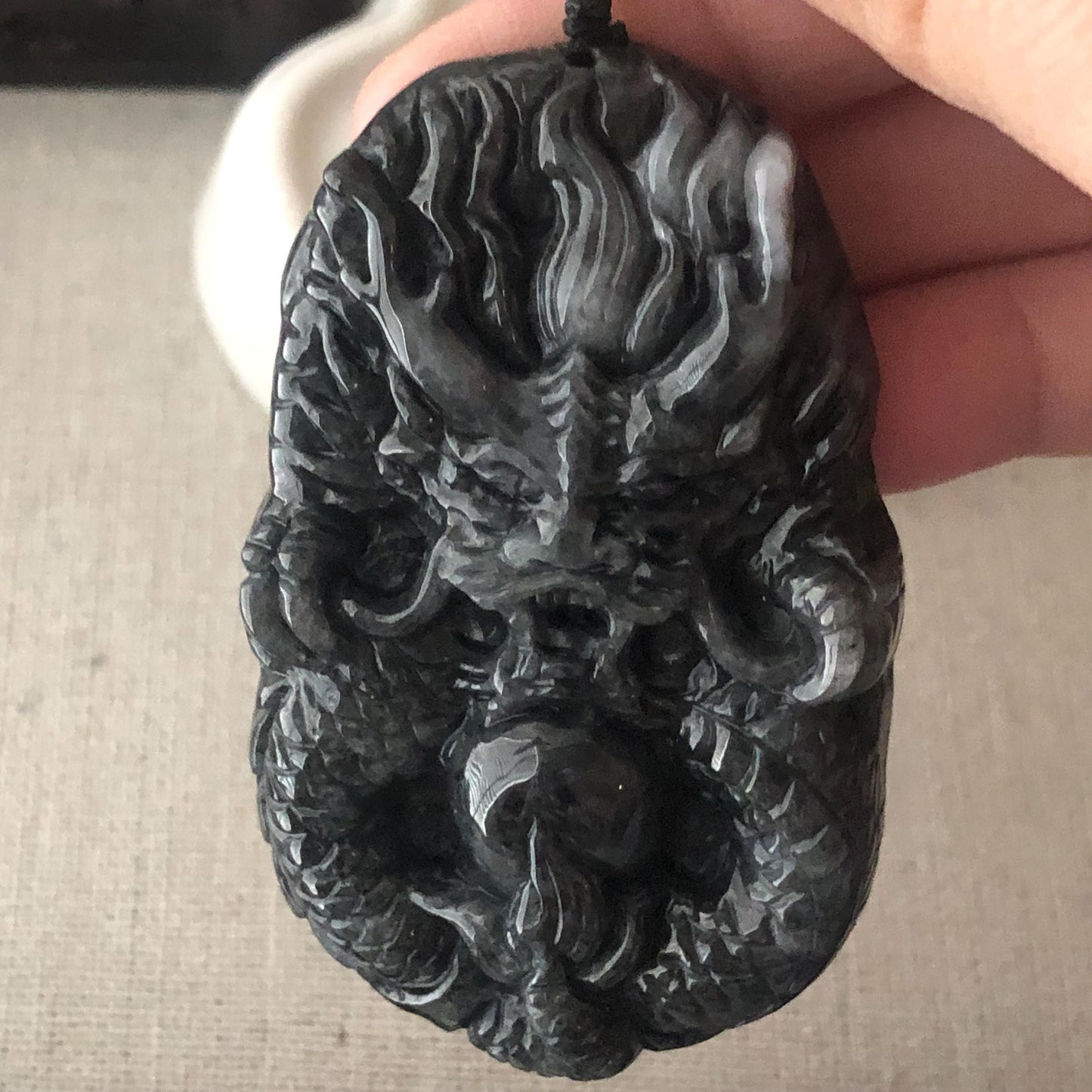 65mm Wuji Grey Jadeite Jade Carved Dragon Pendant