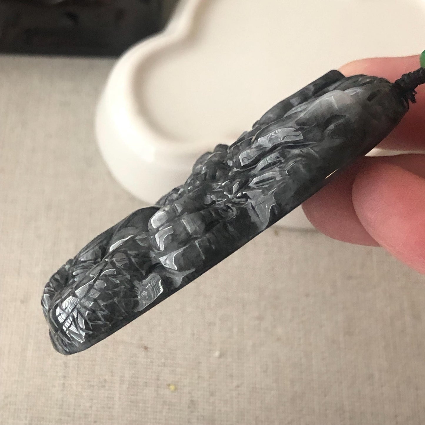 65mm Wuji Grey Jadeite Jade Carved Dragon Pendant
