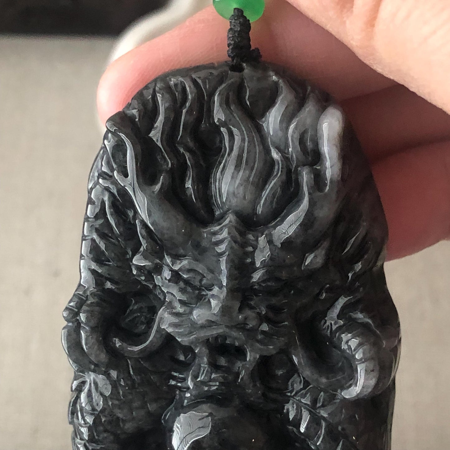 65mm Wuji Grey Jadeite Jade Carved Dragon Pendant