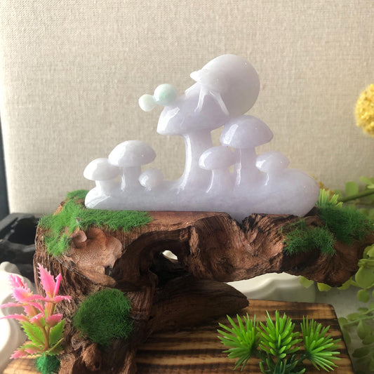 90mm Light Lavender Jadeite Jade Carved mushroom ladybug Statue Display