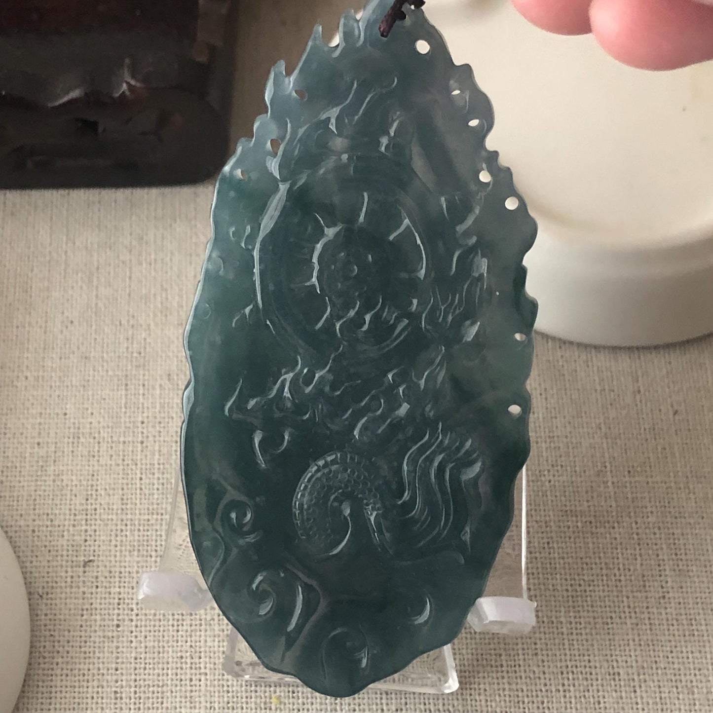 82 mm Icy Guatemalan Blue Green Jade Thousand Hands Guanyin Pendant