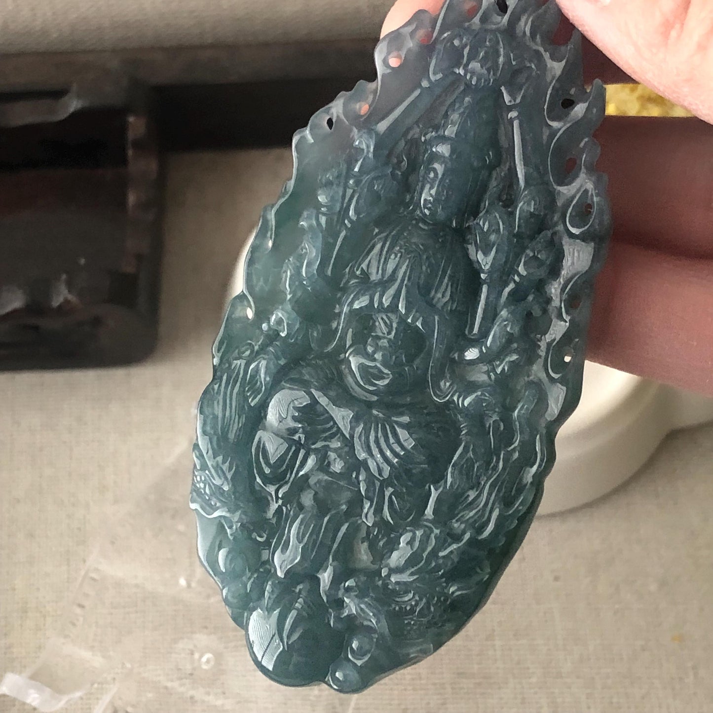 82 mm Icy Guatemalan Blue Green Jade Thousand Hands Guanyin Pendant