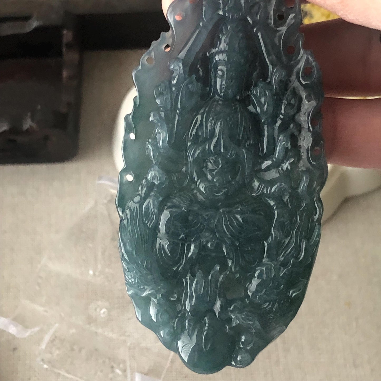 82 mm Icy Guatemalan Blue Green Jade Thousand Hands Guanyin Pendant