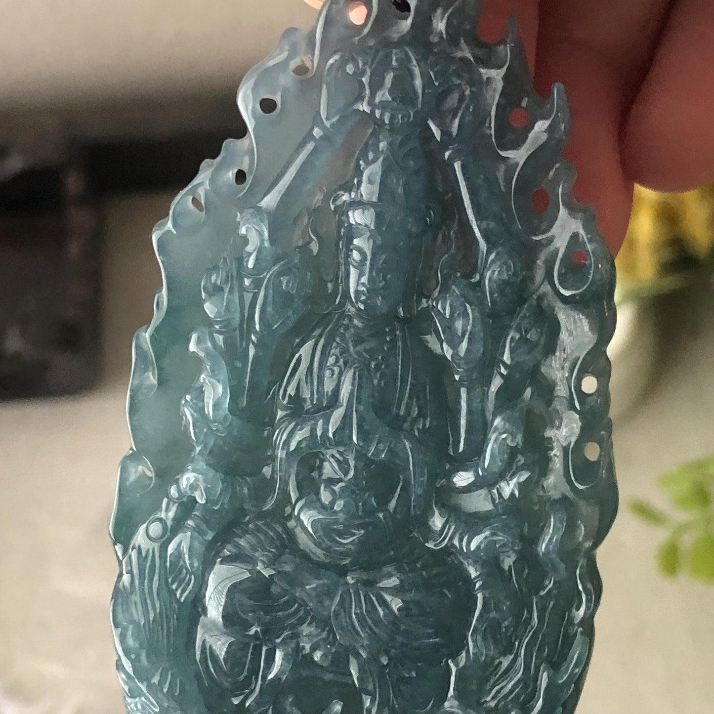 82 mm Icy Guatemalan Blue Green Jade Thousand Hands Guanyin Pendant