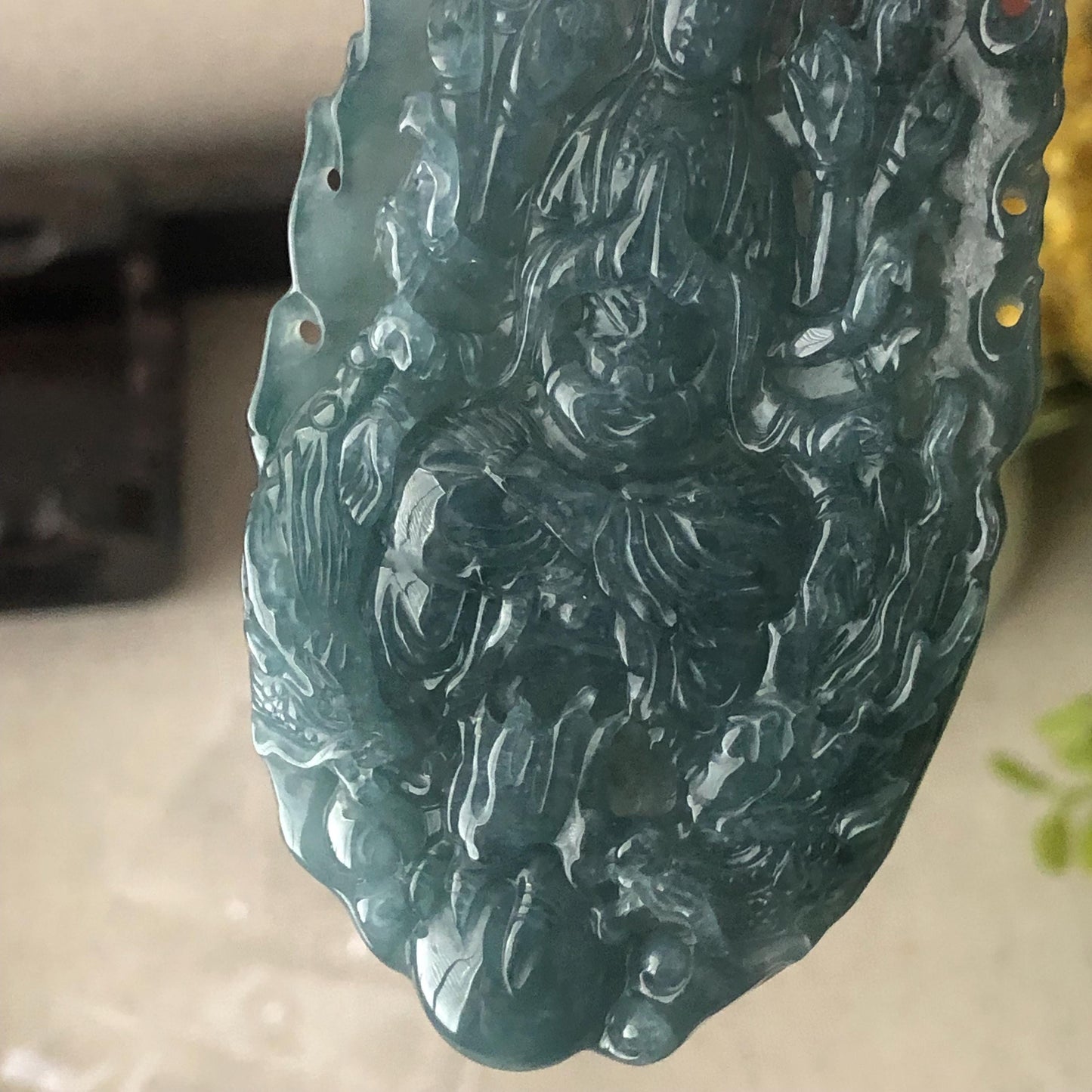 82 mm Icy Guatemalan Blue Green Jade Thousand Hands Guanyin Pendant