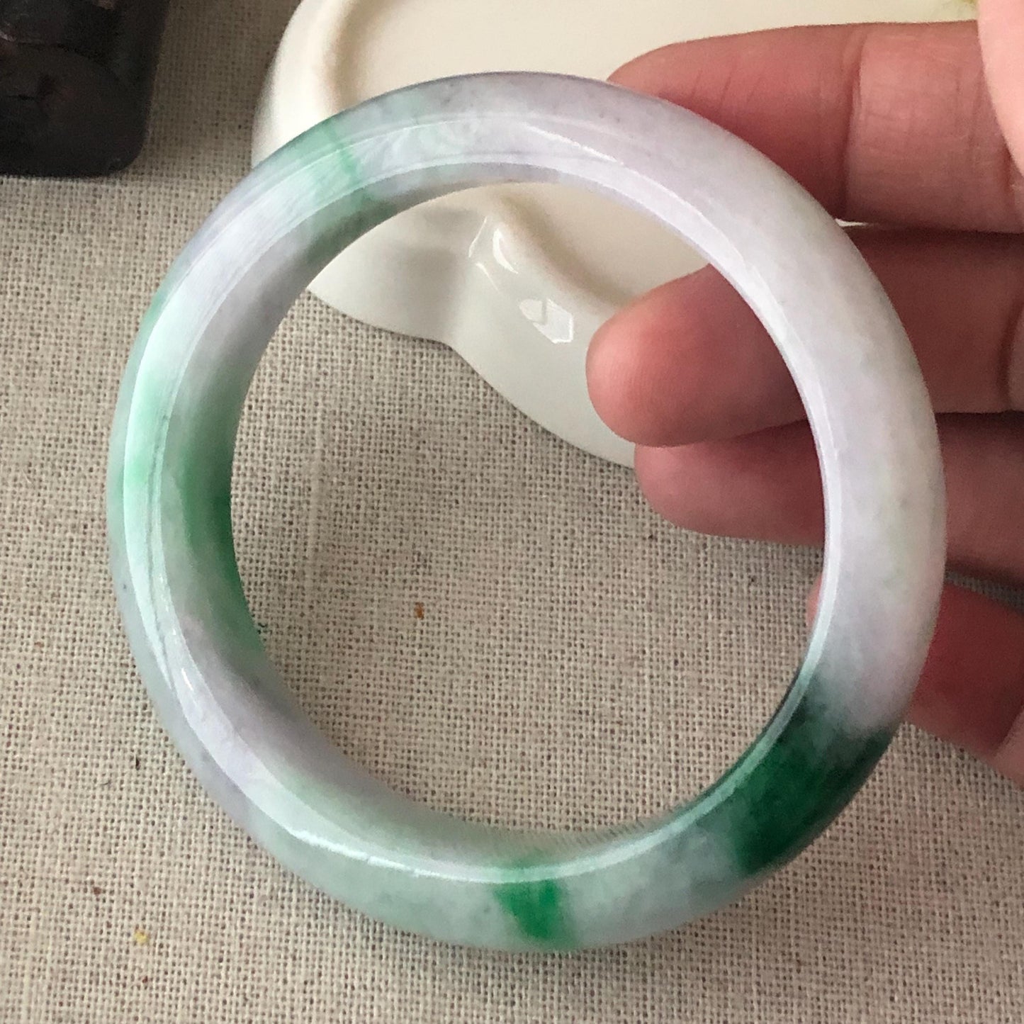 57 mm Icy Green Wuji Float Flowers Jadeite Jade D Shaped Bangle