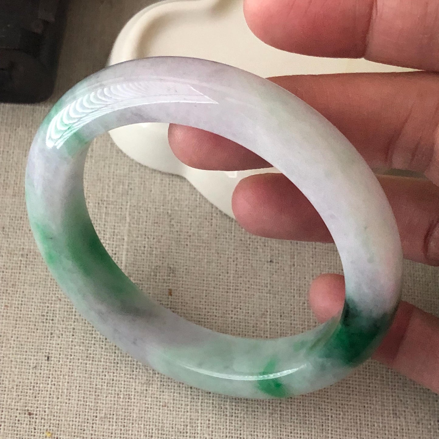 57 mm Icy Green Wuji Float Flowers Jadeite Jade D Shaped Bangle