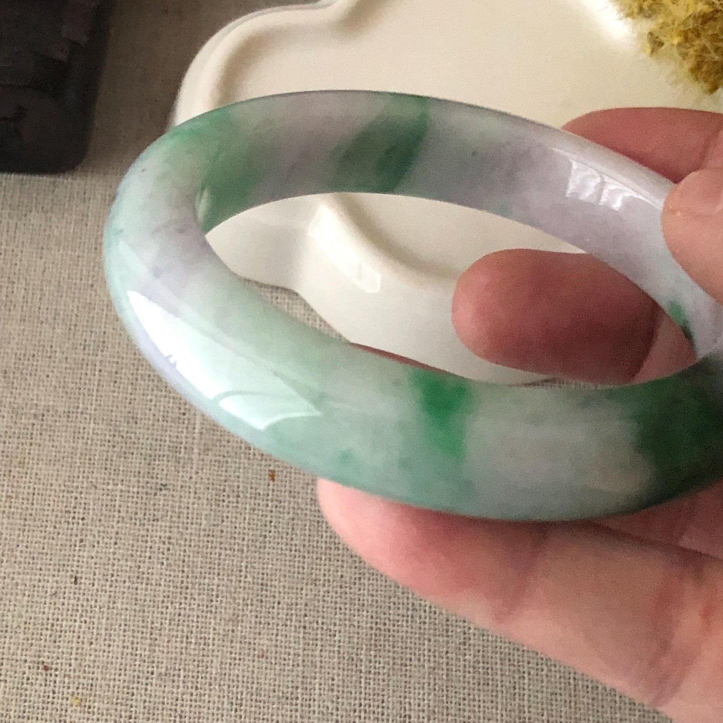 57 mm Icy Green Wuji Float Flowers Jadeite Jade D Shaped Bangle