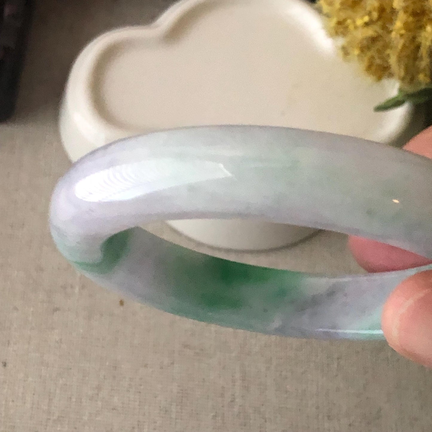 57 mm Icy Green Wuji Float Flowers Jadeite Jade D Shaped Bangle