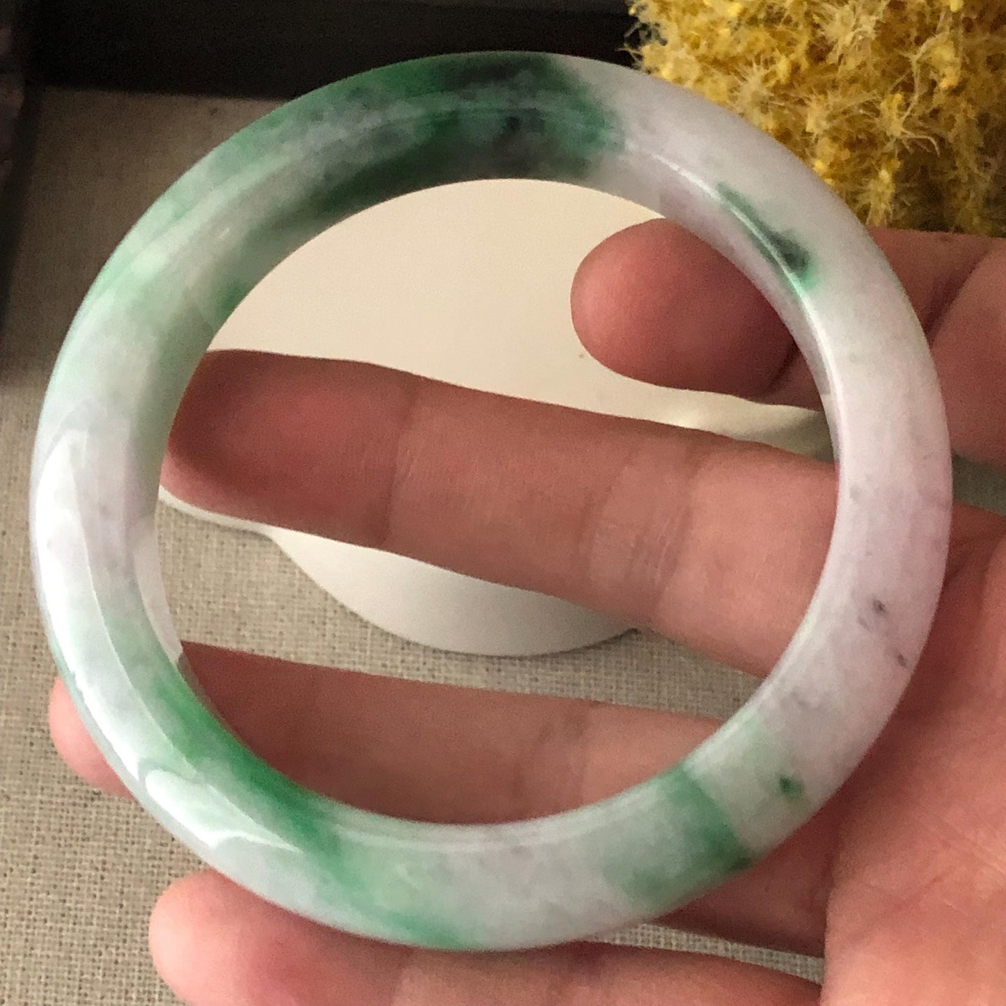 57 mm Icy Green Wuji Float Flowers Jadeite Jade D Shaped Bangle