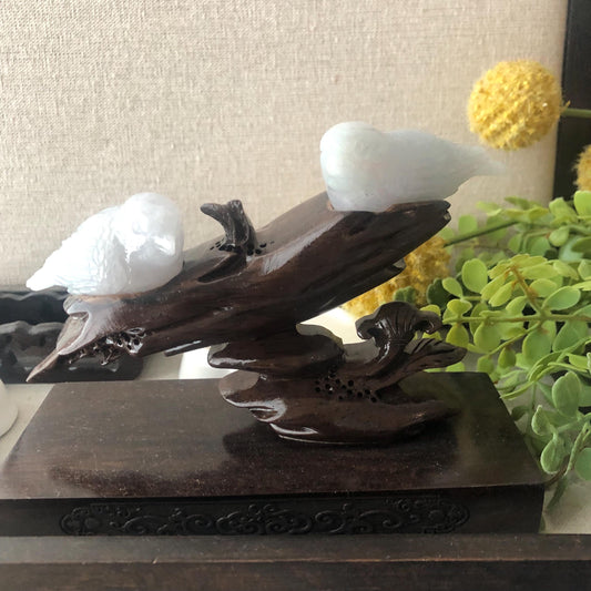 62mm Icy Glossy Jadeite Jade Carved Double Birds Statue Display