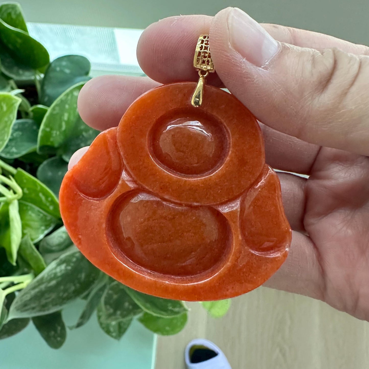 18K gold 53.5 mm BIG Reddish Orange Jadeite Jade Carved Happy Buddha Pendant