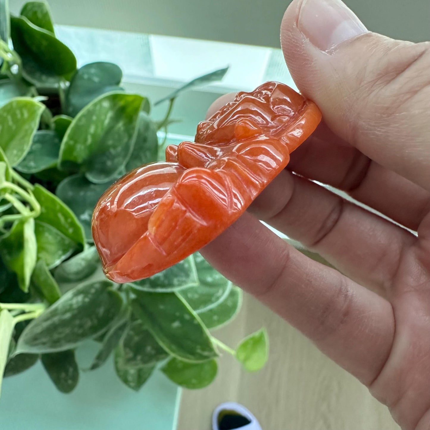 18K gold 53.5 mm BIG Reddish Orange Jadeite Jade Carved Happy Buddha Pendant