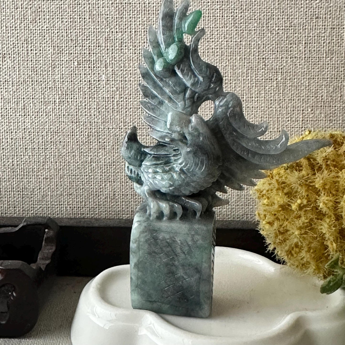 91.2mm Wuji Green Jadeite Jade Carved Eagle Wings Statue Display