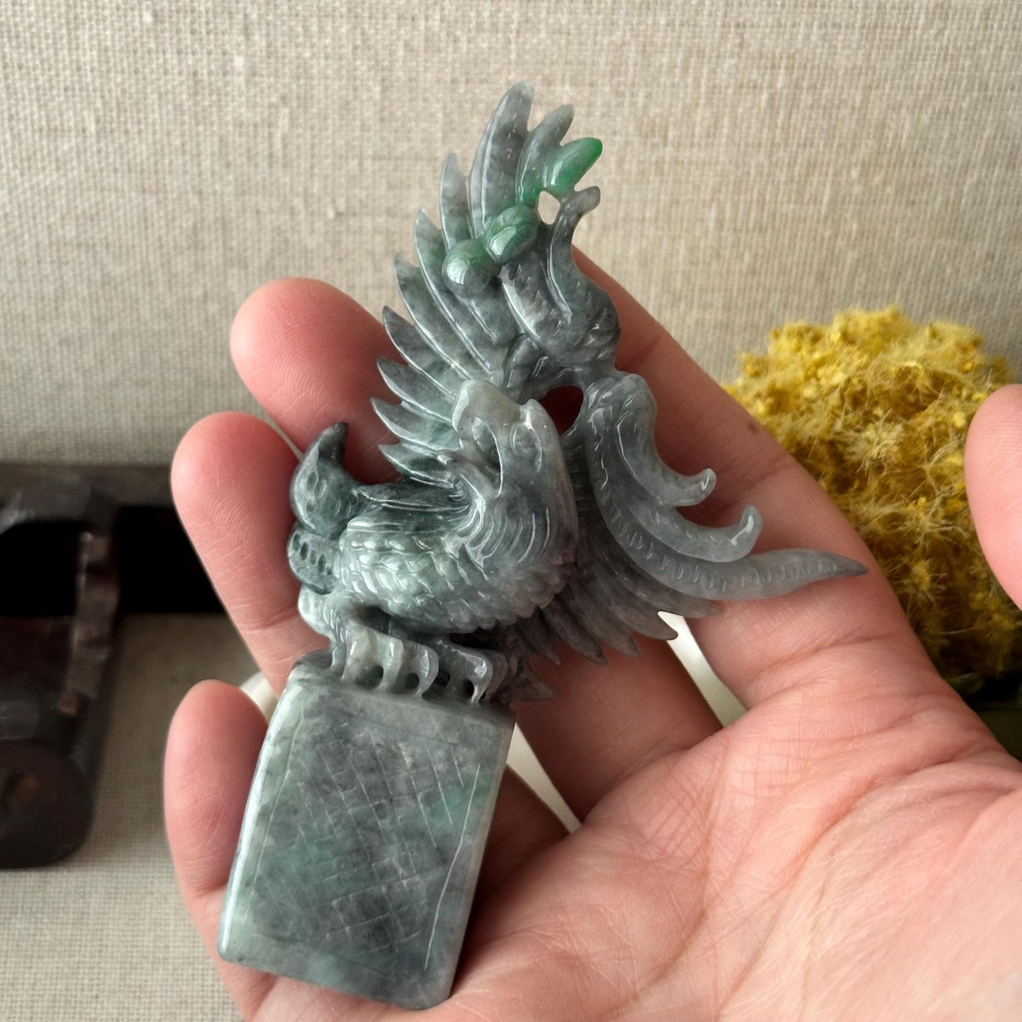 91.2mm Wuji Green Jadeite Jade Carved Eagle Wings Statue Display