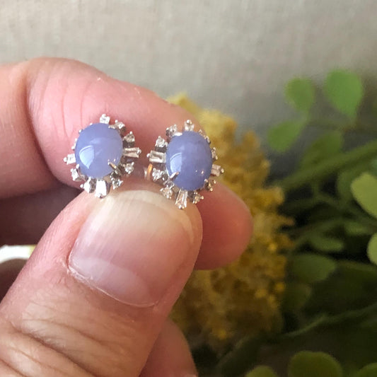 18K 6.5mm Dainty Lavender Oval Cabochon Jadeite Jade Earring Set on Diamonds RARE