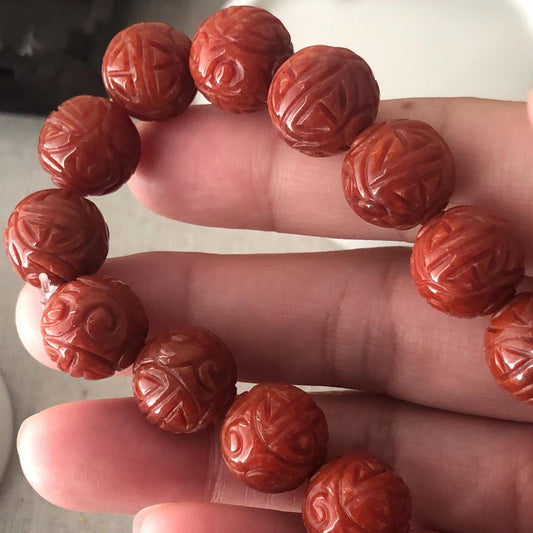12.3mm Red Brown Glossy Carved Asian Pattern Jadeite Jade Bead Bracelet