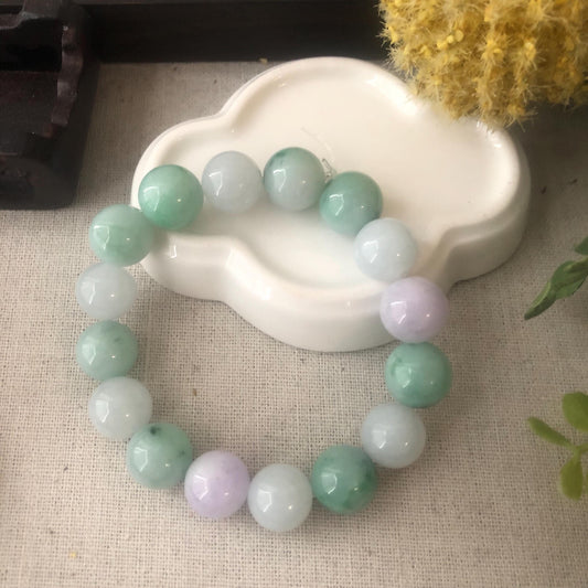 13 mm Icy Glossy Green and Lavender Jade Jadeite Bead Bracelet