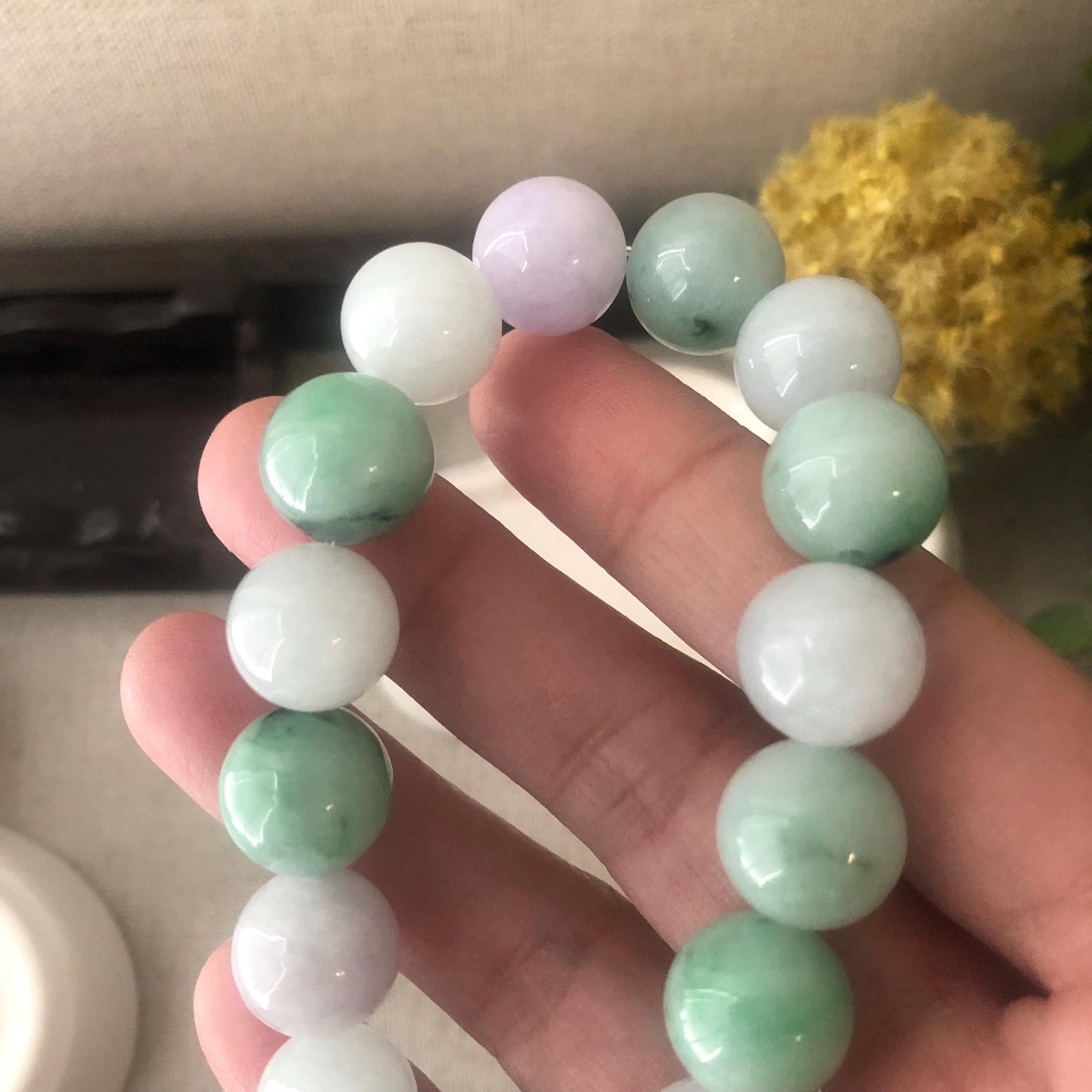 13 mm Icy Glossy Green and Lavender Jade Jadeite Bead Bracelet