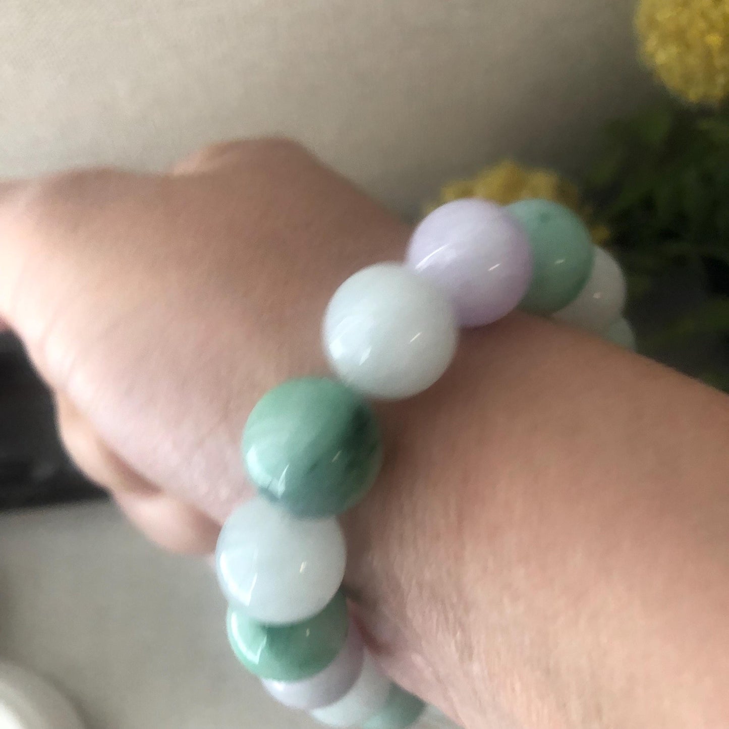 13 mm Icy Glossy Green and Lavender Jade Jadeite Bead Bracelet