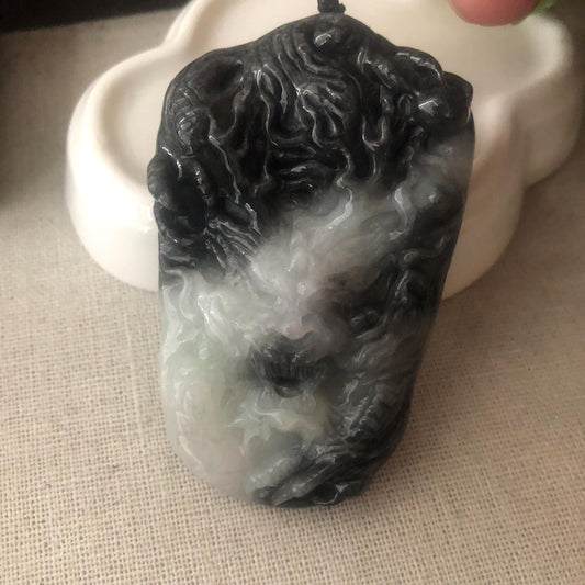 61.4mm Jadeite Jade Wuji Grey White  Carved Dragon Pendant