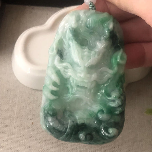 65mm Jadeite Jade Green Float Flowers Carved Dragon Pendant