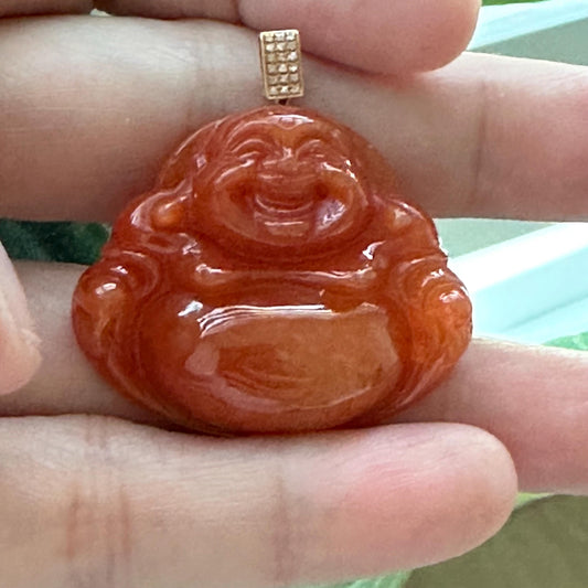 18K gold 35 mm Reddish Orange Jadeite Jade Carved Happy Buddha Pendant