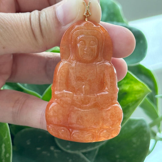 18K gold 53 mm Reddish Orange Jadeite Jade Carved Guanyin Pendant
