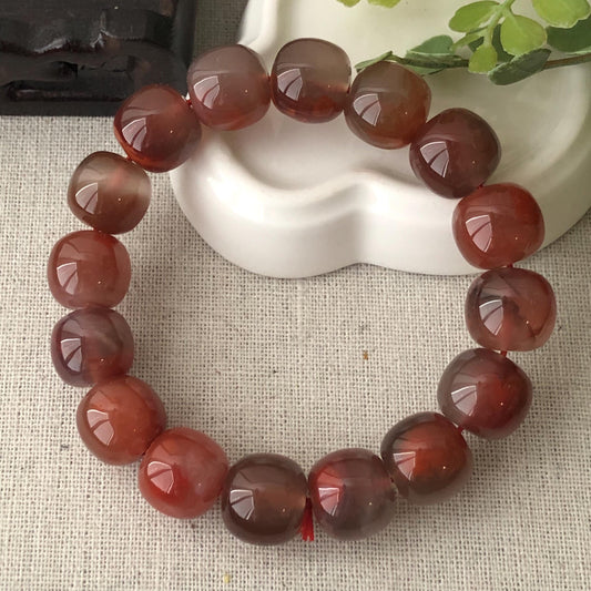 13.5mm Agate Grade A Natural Rounded Curved Bead Bracelet Red Tone