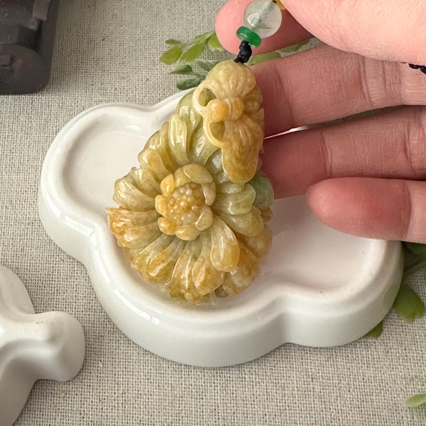 53 mm  Yellow Green Jadeite Jade Carved Butterfly Flower Pendant