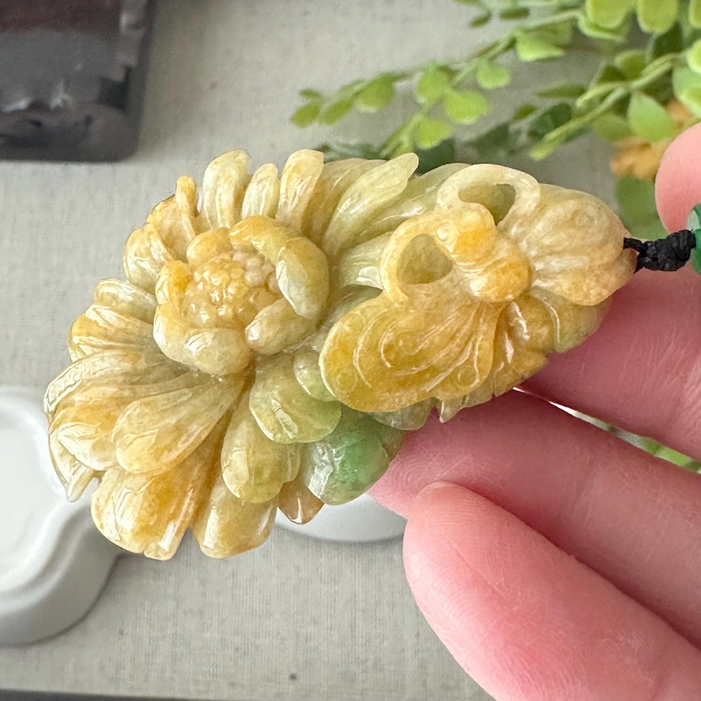 53 mm  Yellow Green Jadeite Jade Carved Butterfly Flower Pendant