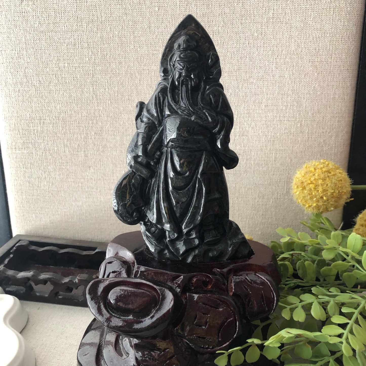 130mm Wuji Black Jadeite Jade Carved Guan Er Yeh 關二爺 Statue Display RARE