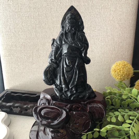 130mm Wuji Black Jadeite Jade Carved Guan Er Yeh 關二爺 Statue Display RARE