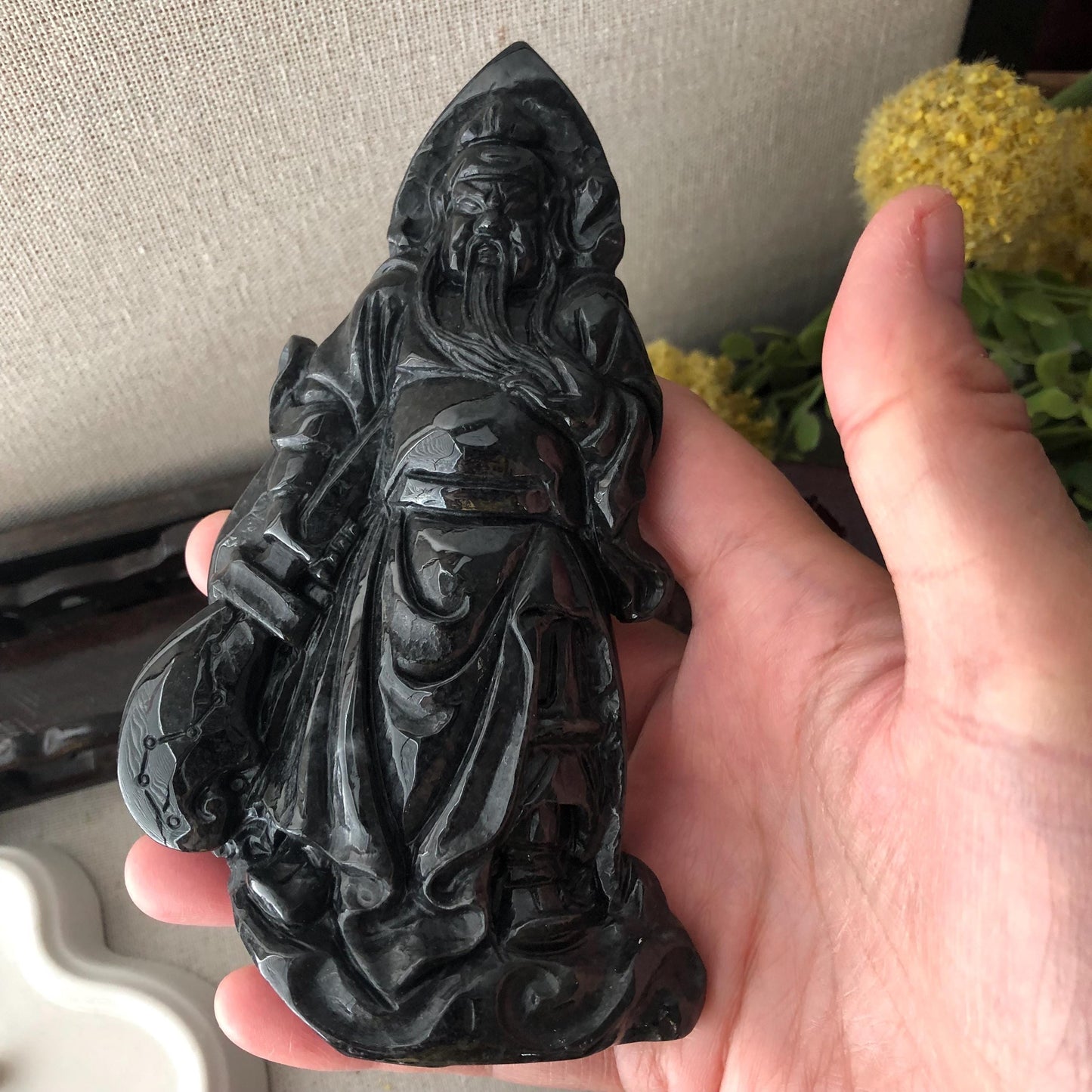 130mm Wuji Black Jadeite Jade Carved Guan Er Yeh 關二爺 Statue Display RARE