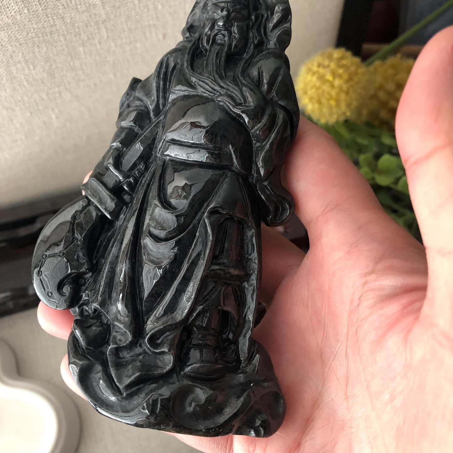 130mm Wuji Black Jadeite Jade Carved Guan Er Yeh 關二爺 Statue Display RARE